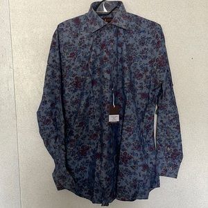 Robert Talbott Long Sleeve Tailored L Shirt. Denim background Burgundy Floral